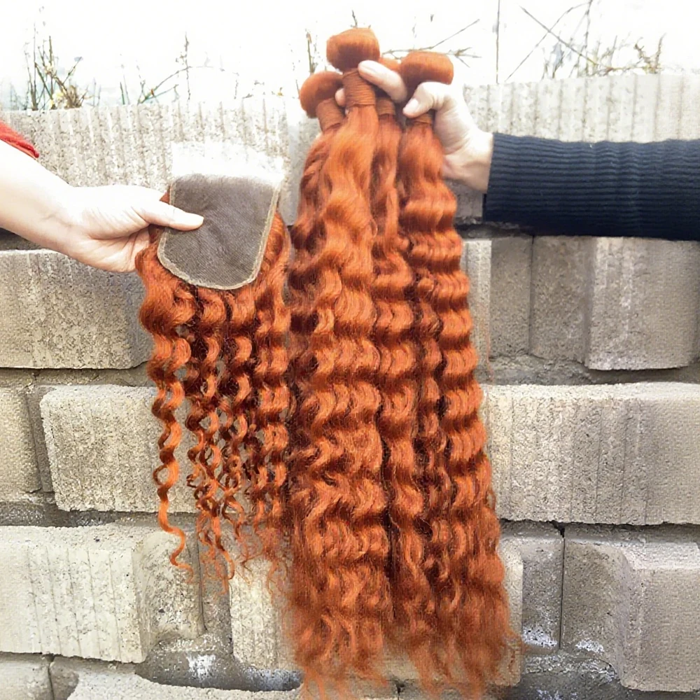 # 350 الزنجبيل موجة المياه حزمة الشعر البشري مع إغلاق عميق مجعد البرازيلي عذراء الشعر البشري 4x4 13x4 HD الدانتيل إغلاق أمامي