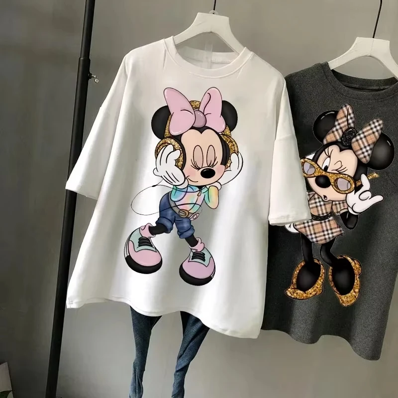 Disney New Minnie Kawaii Divertimento T-shirt stampata da donna Moda Estate Cartoon Minnie Top Y2K T-shirt in cotone extra large da donna