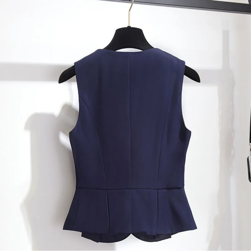 #0733 Black Blue Short Blazer Vest Women V-neck Slim Office Elegant Split Joint Sleeveless Vest Waistcoat Ladies Double Breasted