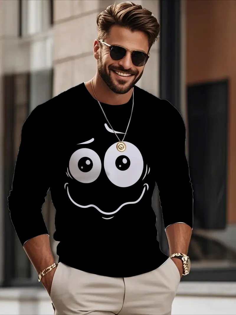 

Summer Outdoor Men's Long-Sleeved T-shirt Funny Smiley Printe Fashion Crew Neck Short Sleeve Top Large Size Loose Men's Clothing