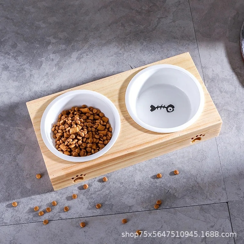 고양이 Pet Dog Cat Ceramic Bowl Bamboo Wooden Table Into A Kitten Skid Resistant Double Bowl Small Dog Food Bowl 강아지밥그릇