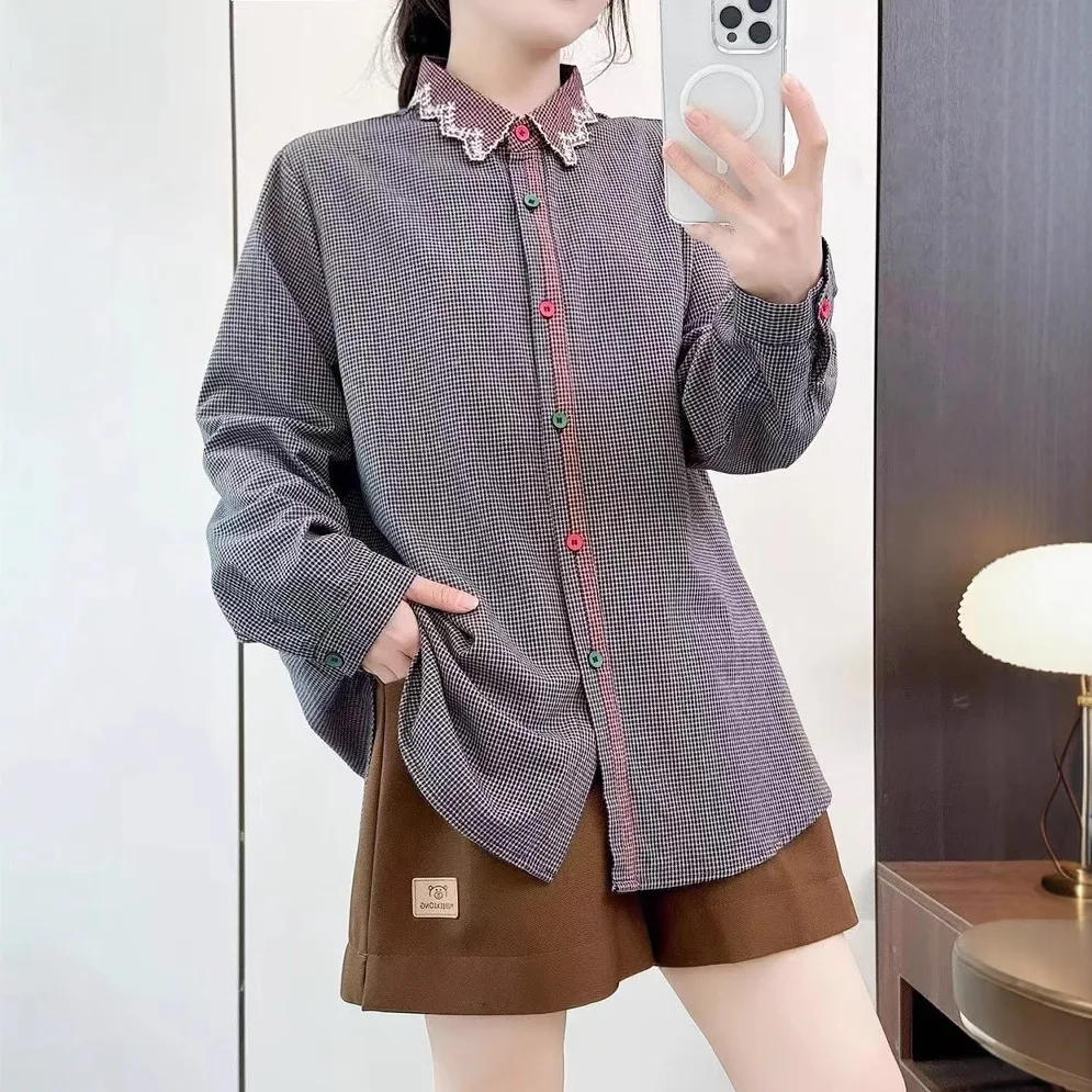 Simple All-match High Quality Cotton Small Plaid Shirt Loose Casual Houndstooth Embroidered Long Sleeve Shirt For Women