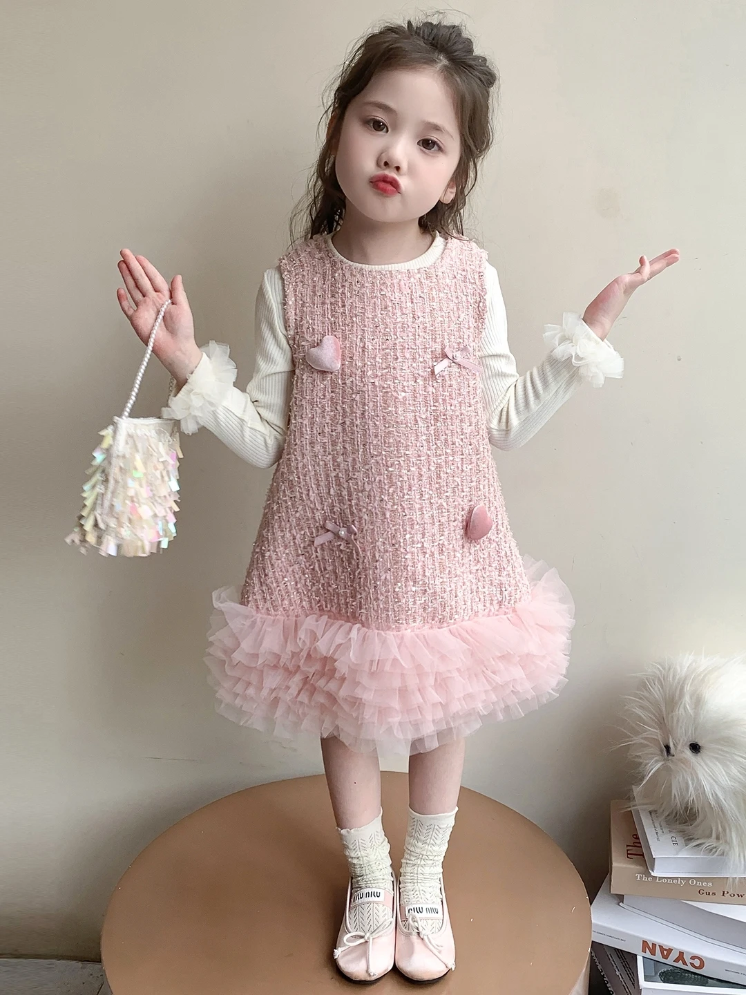 

Модный комплект из двух предметов для девочек с узором в виде сердца, жилет и юбка Schiaparelli, осенняя коллекция, милая и сли