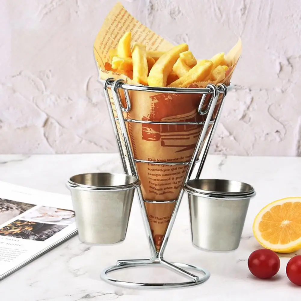 Fries Basket Metal Fries Stand with Cup Holder Chip Cone Basket Fry Holder for Appetizers Rust-proof for Chicken for Restaurants