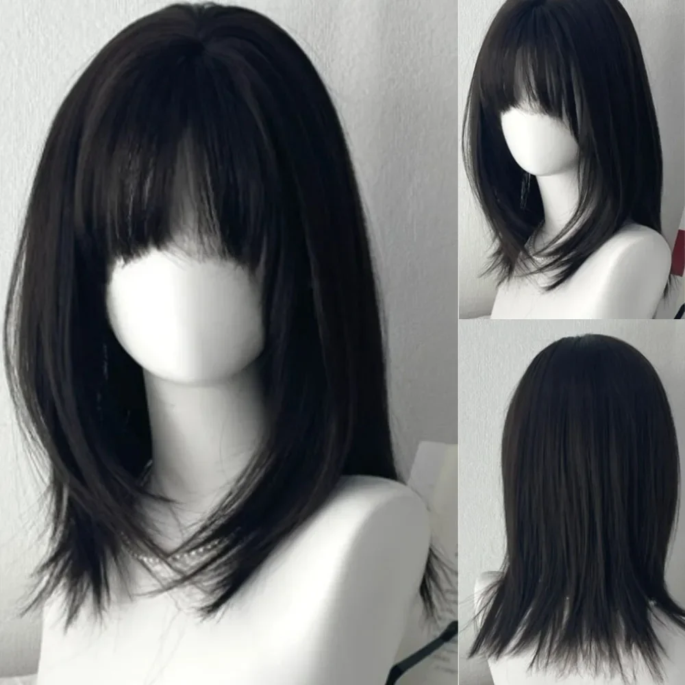 Y2K Wig for Women Black Medium Long Straight Hair Natural Simulation Daily Use Wig with Bangs Short Hair Bob Synthetic Wig