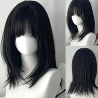 Peluca Y2K para mujer, pelo liso medio largo negro, simulación Natural, peluca de uso diario con flequillo, peluca sintética Bob de pelo corto