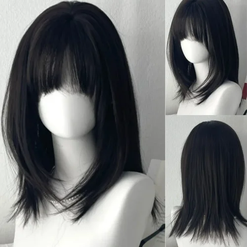 Imagen 1 del producto Peluca Y2K para mujer, pelo liso medio largo negro, simulación Natural, peluca de uso diario con flequillo, peluca sintética Bob de pelo corto