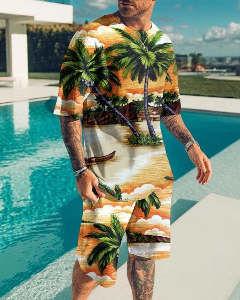 Männer Strand T-Shirt Kurzarm Set lässig 2 Stück Set übergroße Sport Set Kokosnuss baum Hawaii Mode Top Urlaub Essentials