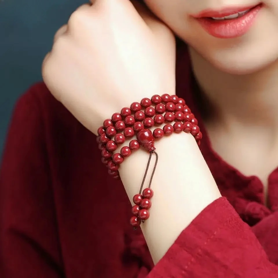 

Mencheese Cinnabar Bracelet 108 Buddhist Beads Round Beads Hand Chain to Off Evil Spirits and Transport Male and Lovers Jewelry