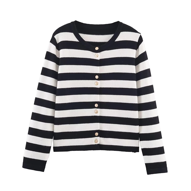 Black White Striped Knit Cardigan For Women Front Button O Neck Long Sleeve Casual Coat Chic Lady Autumn Winter Outerwear