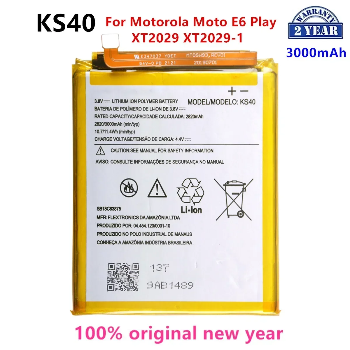 

100% Original KS40 3000mAh Battery For Motorola Moto E6 Play XT2029 XT2029-1 Phone Batteries.