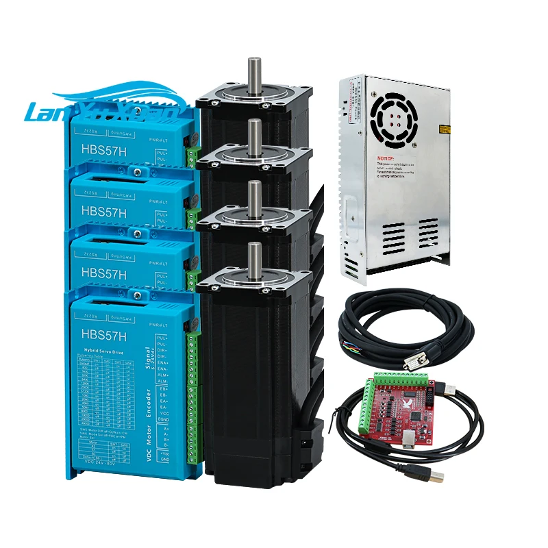 3kit / 4kit Nema23 2Nm 57HB76 close loop motor & HBS57H driver & 350W 36V power supply & 4 axis Mach3 Interface board  for CNC