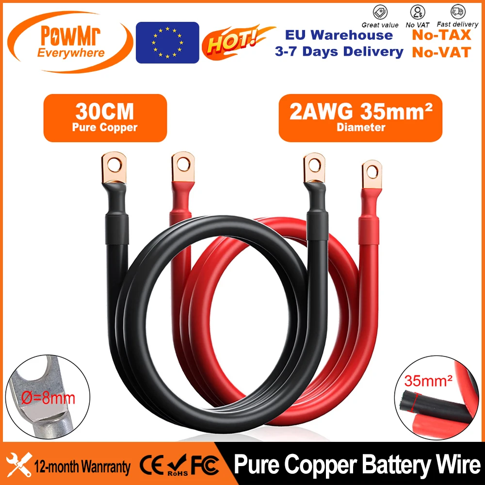 EU 2 AWG 35mm² Soft Battery Connection Cable Stranded Copper Wire With Heavy Duty M10 Lug For Inverter Car Solar UPS Marine Boat