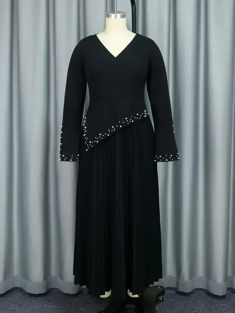 Maxi Black Church Robe V-neck Long Horn Sleeve Beaded High Waist Drop Cocktail Party Evening Dress Women's Party Dress