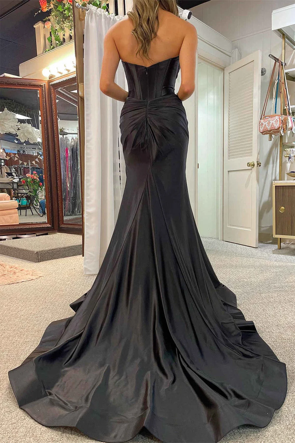 Satin Sweetheart Cut-out Mermaid Prom Dresses With Split Sleeveless Pleated Corset Formal Evening Dress Long Bridesmaid Gowns