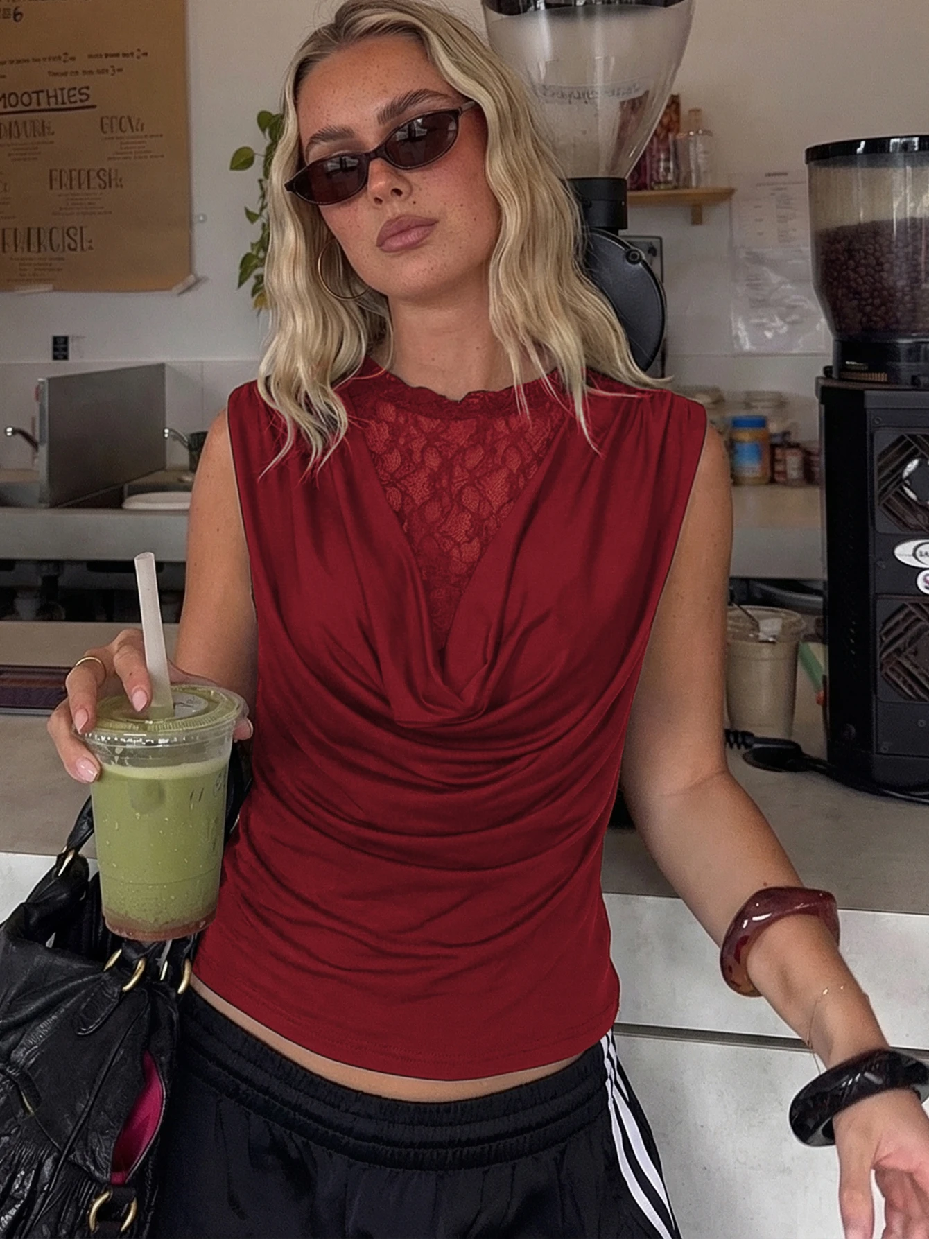 Hugcitar Sommermode, einfarbig, O-Ausschnitt, Patchwork, Spitze, gerüscht, sexy Crop-Tanktop, Damenkleidung, lässiges Top, Urlaub, Streetwear, Club
