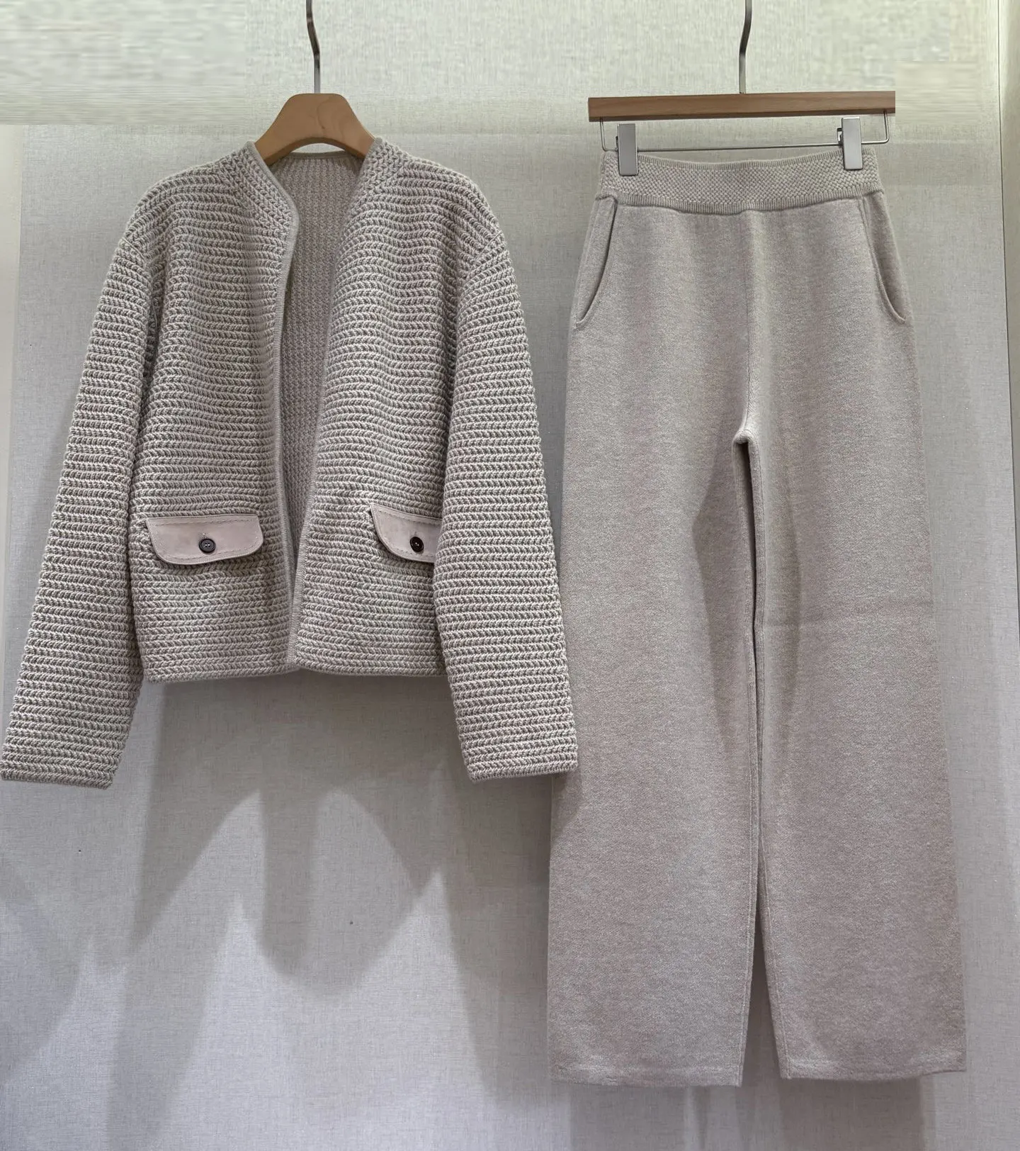 2026 Autumn Winter New Wool Cashmere Stand-up Collar Knitted Cardigan Paired With Elastic Waist Straight Leg Pants Casual Suit