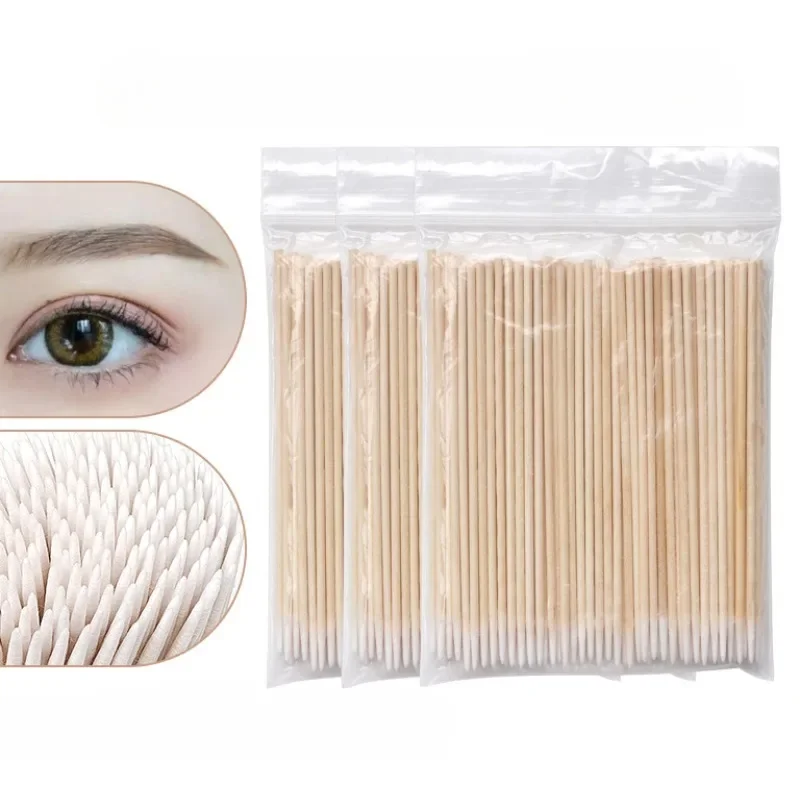 100/500 PCS/Ear Care Clean Wood Handle Pointed Tip Head Cotton Semi Permanent Eyebrow Eyelash Tattoo Thread Beauty Makeup Remove