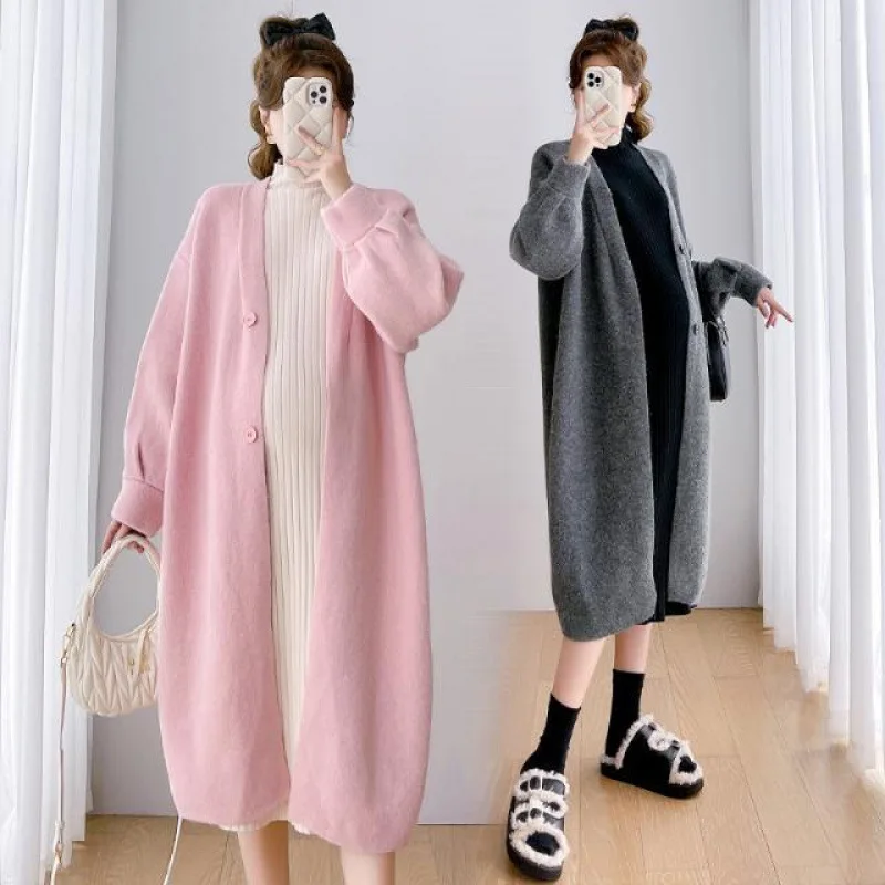maternity-clothes-winter-new-temperament-cardigan-long-thickened-sweater-jacket-base-dress-two-piece-set
