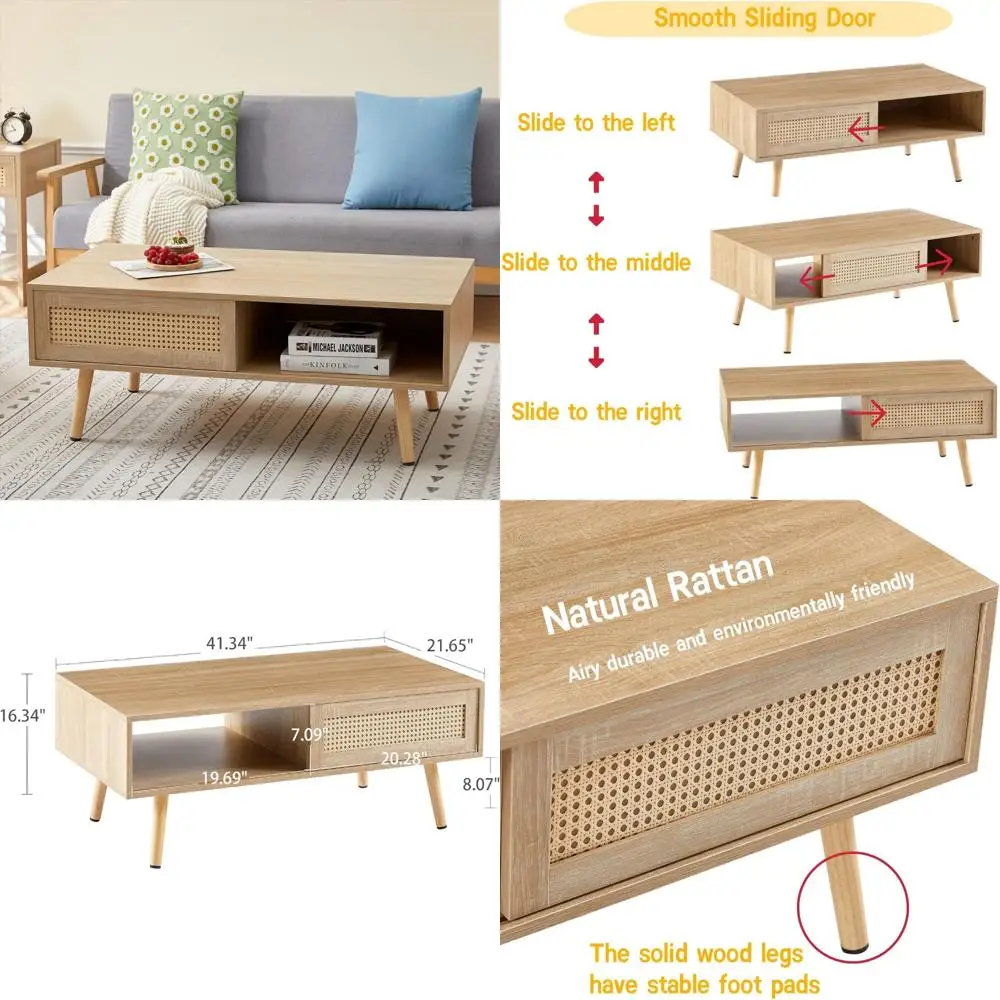 Mid-Century Modern Rattan Coffee Table with Sliding Doors and Open Storage for Living Room
