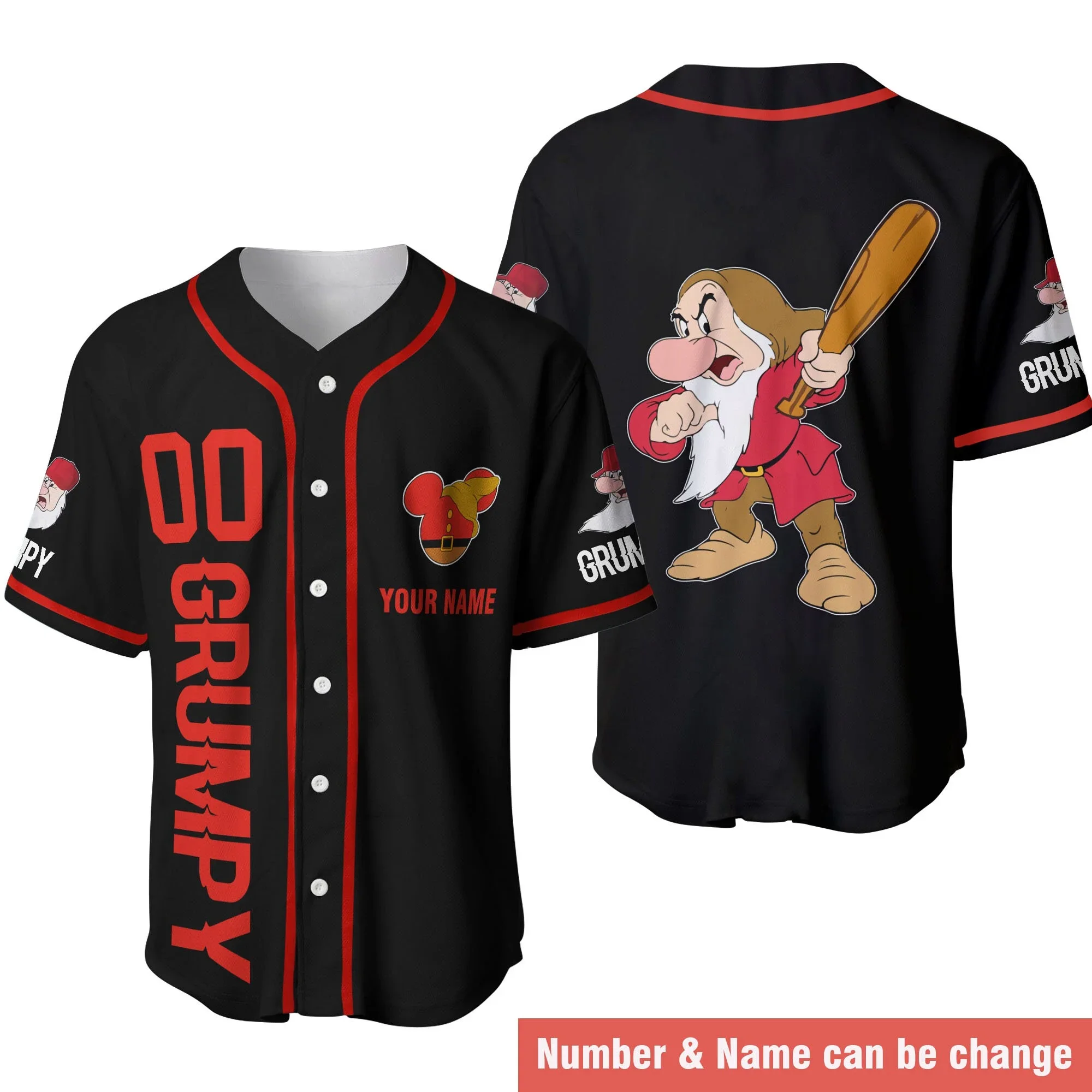 Angry Grumpy Dwarf Baseball Jersey Red Stripes Patterns Disney Baseball Shirt 3d T-shirt Disney Disney Casual Baseball T-shirt