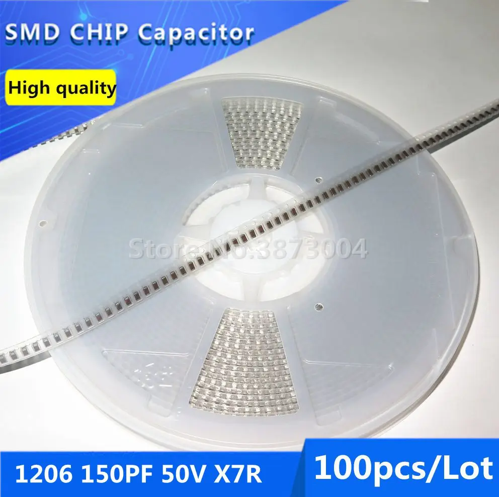 100pcs 1206 150PF 50V X7R 10% Thick Film Chip Multilayer Ceramic Capacitor