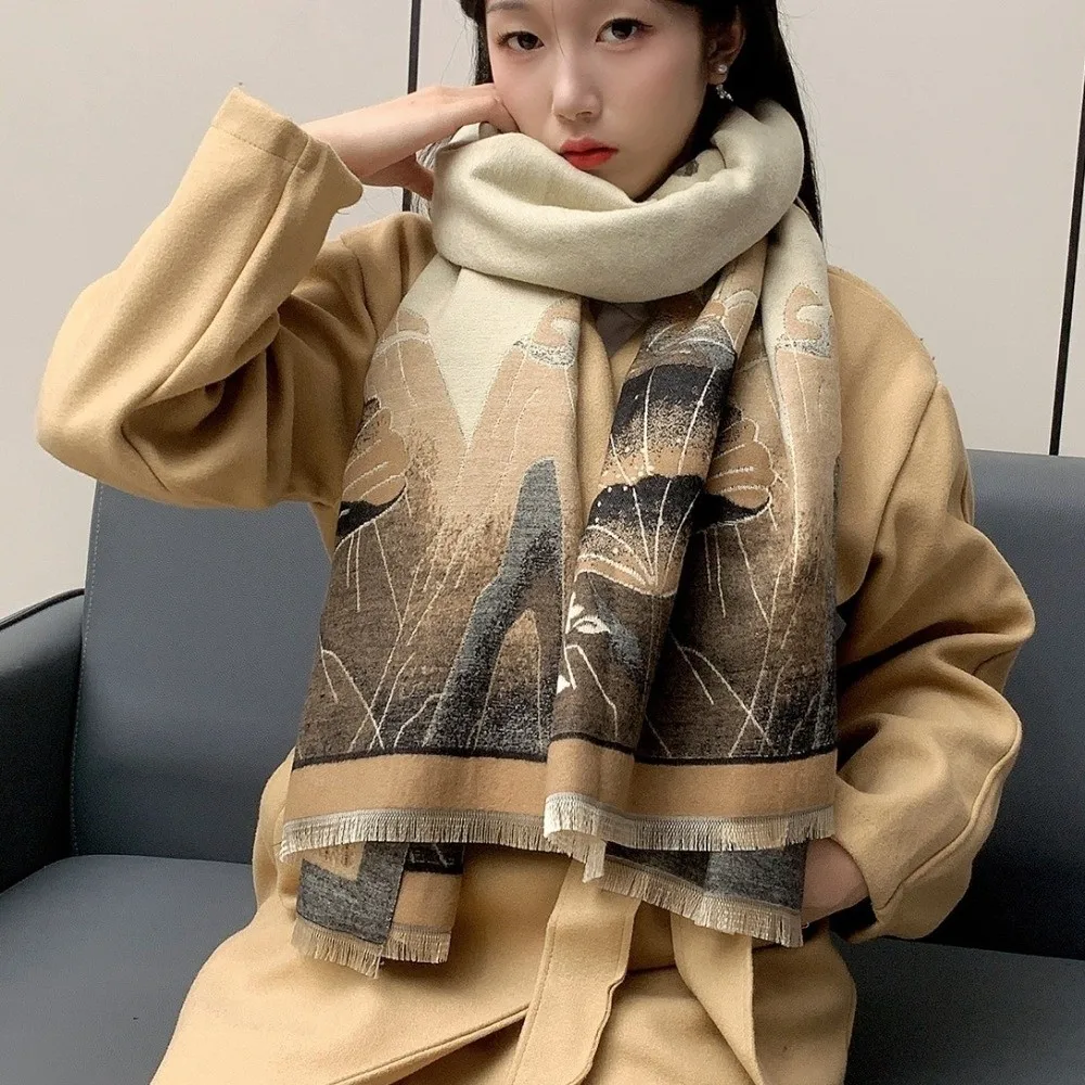 

Шарф из искусственного кашемира в китайском стиле, тема живописи тушью, двустороннее одеяло из пашмины, толстые ветрозащитные шарфы-пончо