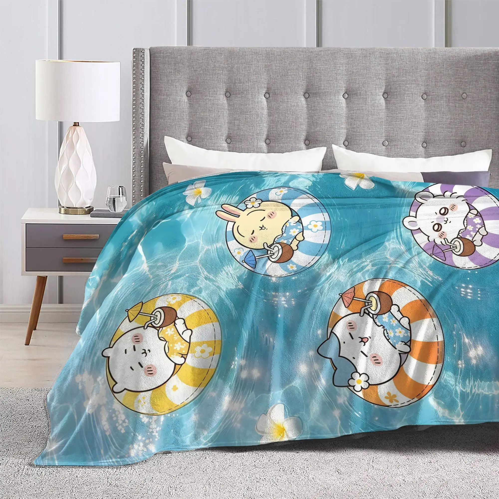 Chiikawas Pool Float Summer Kawaii Anime Blankets Velvet Multi-function Ultra-Soft Throw Blankets for Bedding Bedroom Quilt