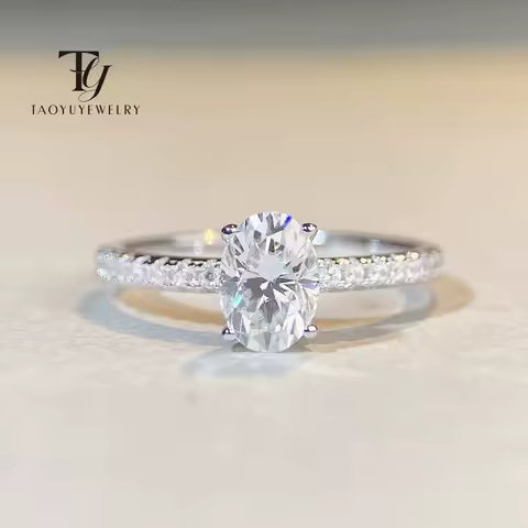 TY Classic 1.0 Carat Oval Cut D Color Moissanite Women's Ring 18K White Gold Plated 925 Sterling Silver Engagement Wedding Band