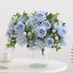 Blue Silk Bouquets Artificial Forest Hydrangea Peony Bud Wedding Bride Hand Bouquet Home Garden Desktop Flower Arrangement Decor