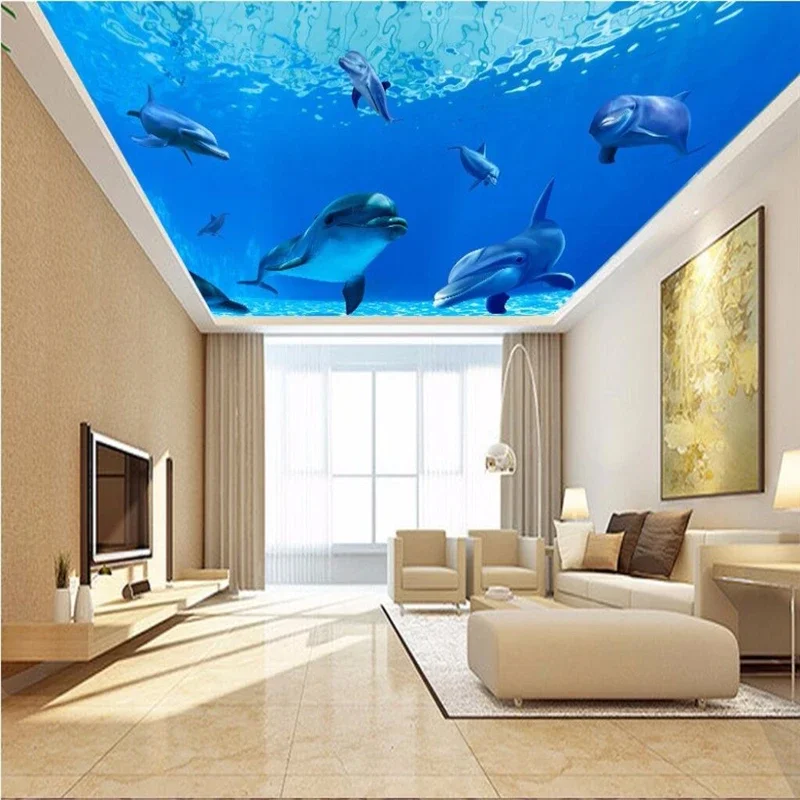 custom Photo Wallpaper 3D Ocean sea water dolphin Ceiling Wallpaper Backdrop Mural-3d Wall Paper Papel De Parede art wall paper