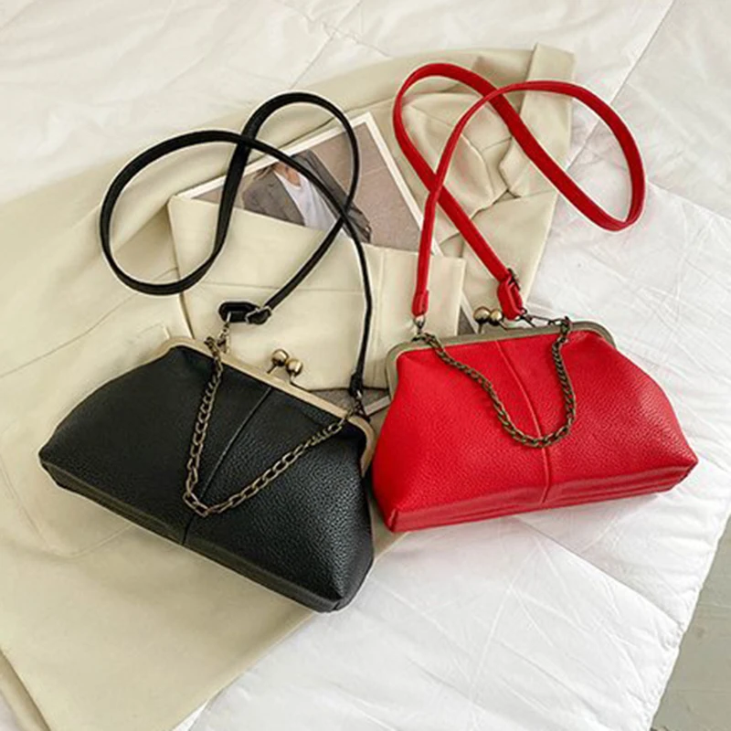 Vintage Soft Skin Shell Tasche Neue Lychee Muster Handtasche Einfache und vielseitige Umhängetasche Clip Kette Umhängetasche Damen Tasche – Detail 15