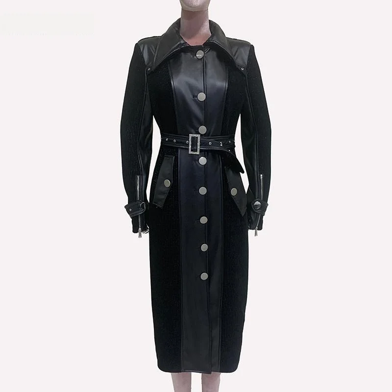 

Nerazzurri Women's Long Leather Jaet Slim Fit Waed PU Leather Belted Waist Design Faionable Outerwear Coat