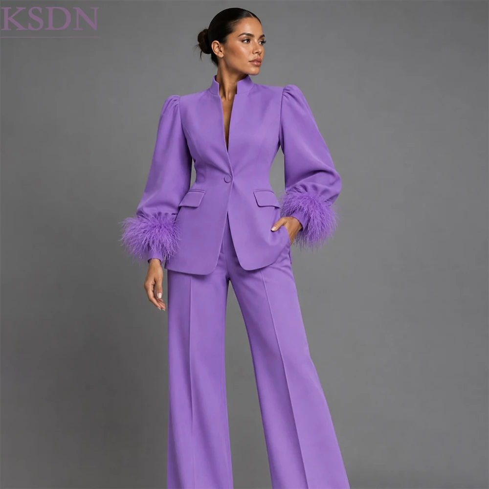 Lilac Evening Women's Suits Stand Collar Puff Sleeve Feathers One-Button Blazer High Quality 2 Piece Jacket Pants Sets