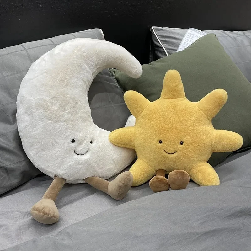 Adorable Smile Face White Moon Yellow Sun Plushie Stuffed Cute Cartoon Weather Plush Toy for Kid Bedroom Decor Sofa Throw Pillow