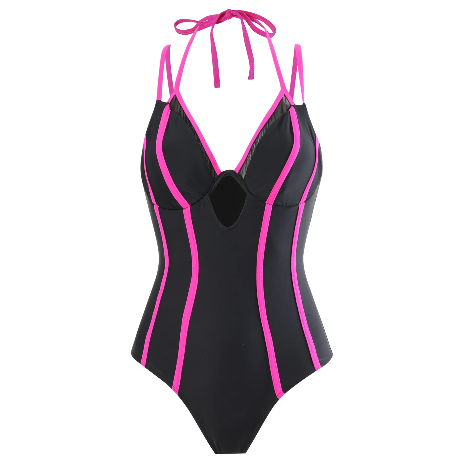 Traje de baño de una pieza negro y rosa para mujer, cuello halter, recorte, sexy, control de barriga, monokini, traje de baño de playa ajustable