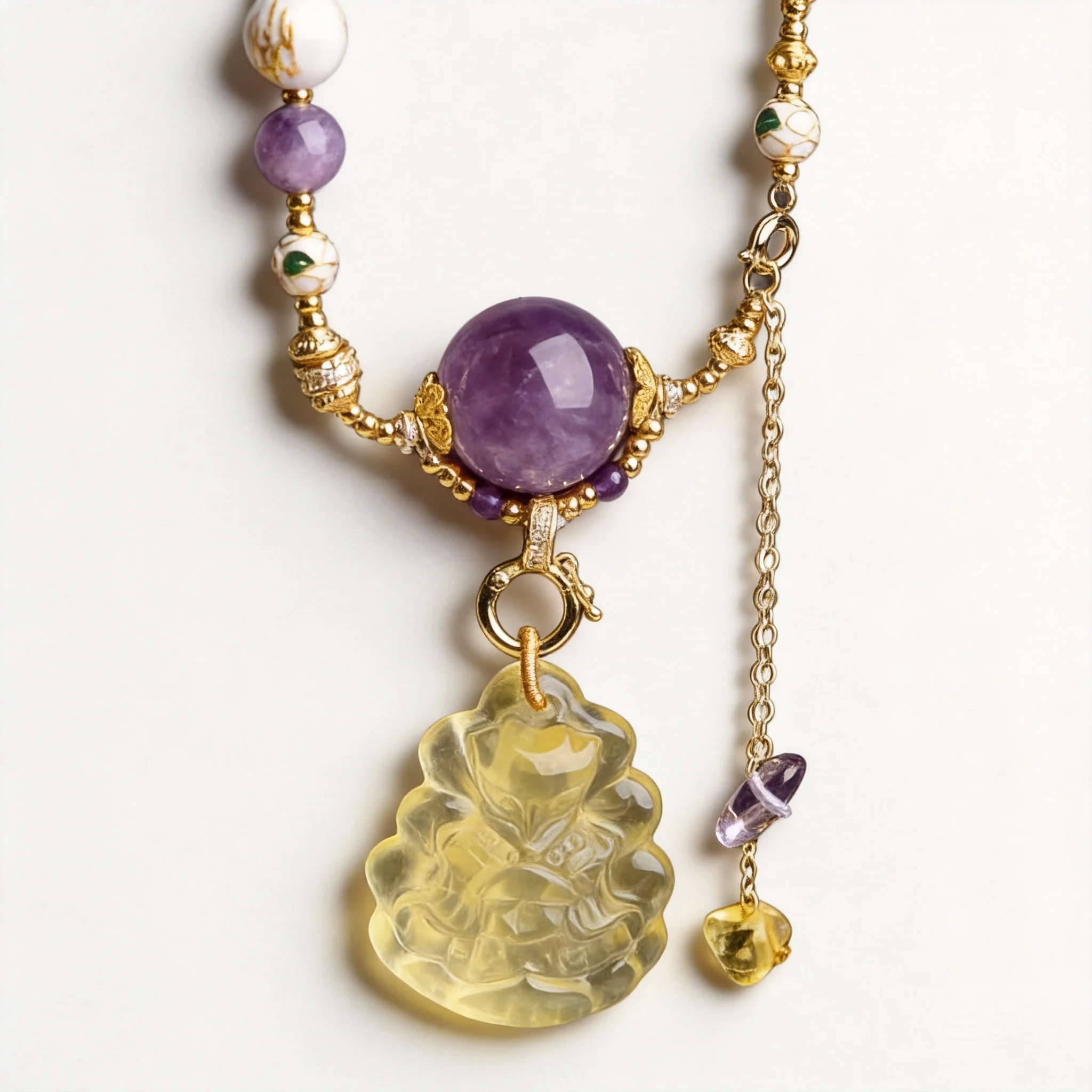 collier-tresse-fait-main-en-perles-d'amethyste-et-citrine-avec-pendentif-renard-a-neuf-queues-style-chinois-porte-bonheur-et-source-de-fortune