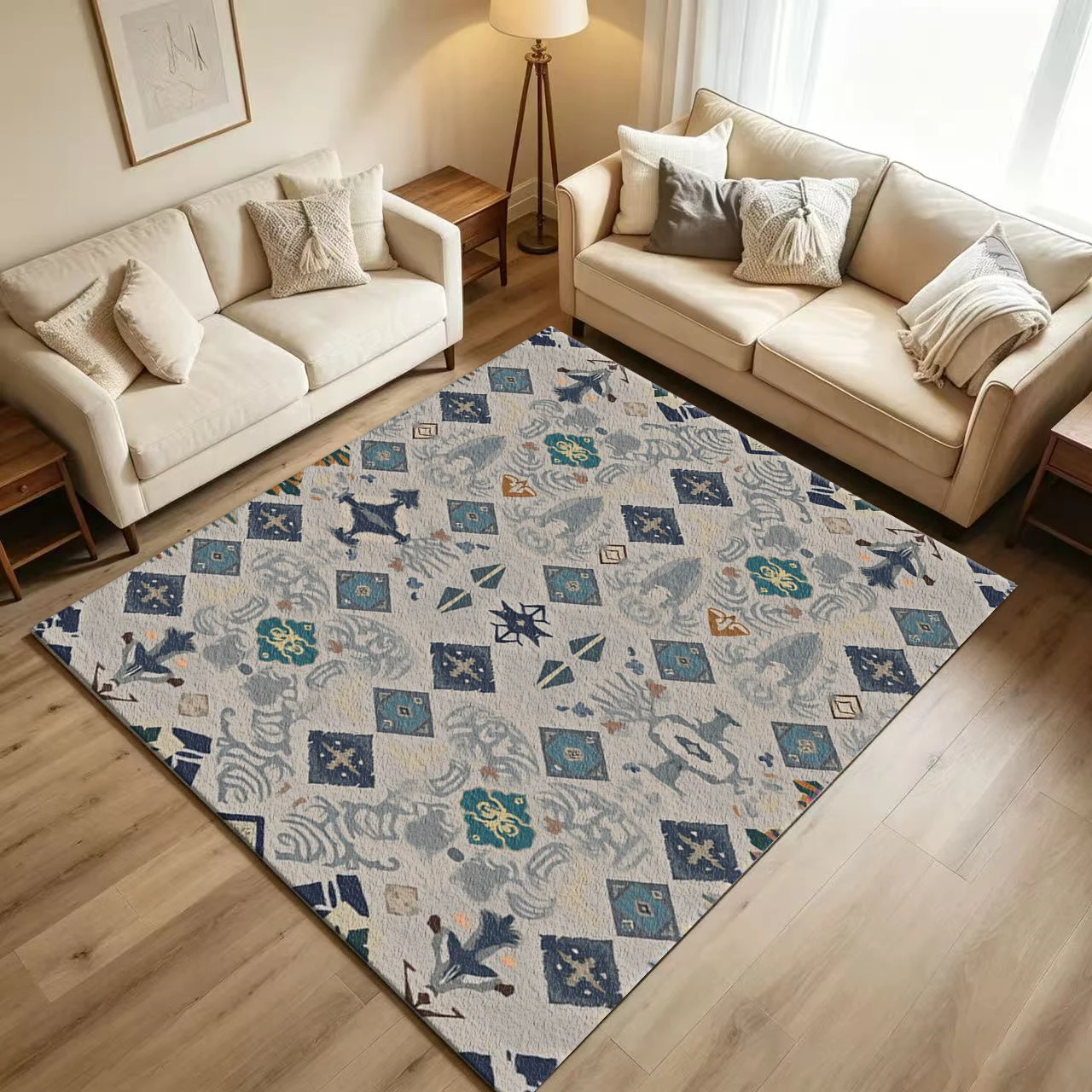 Boho Ethnic Geometric Carpet Flooring Vintage Tribal Diamond Ornament Seamless Pattern Printed Floor Rug for Household Indoor Living Room Home Decor