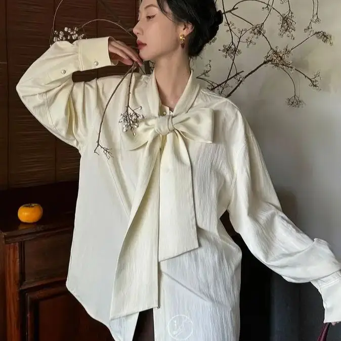 

Shirt Bow Ribbon Design French Women'S Spring And Autumn Loose Casual Commuter Long-Sleeved Blouse Women'S Blouse