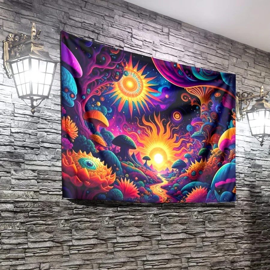 Vibrant Psychedelic Mushroom Forest Sunset Tapestry Wall Hanging Bohemian Boho Decor Art Print