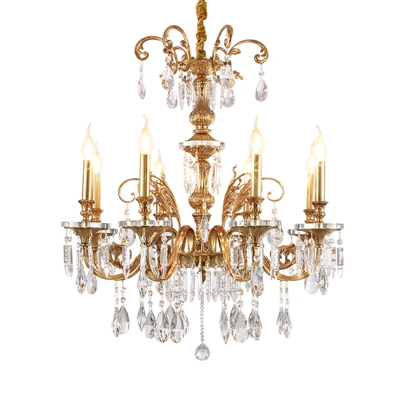 

French Royal Brass Crystal Chandelier Bedroom Living Room Hotel Deco Droplight European Brass Candle Classic Pendant Lamp