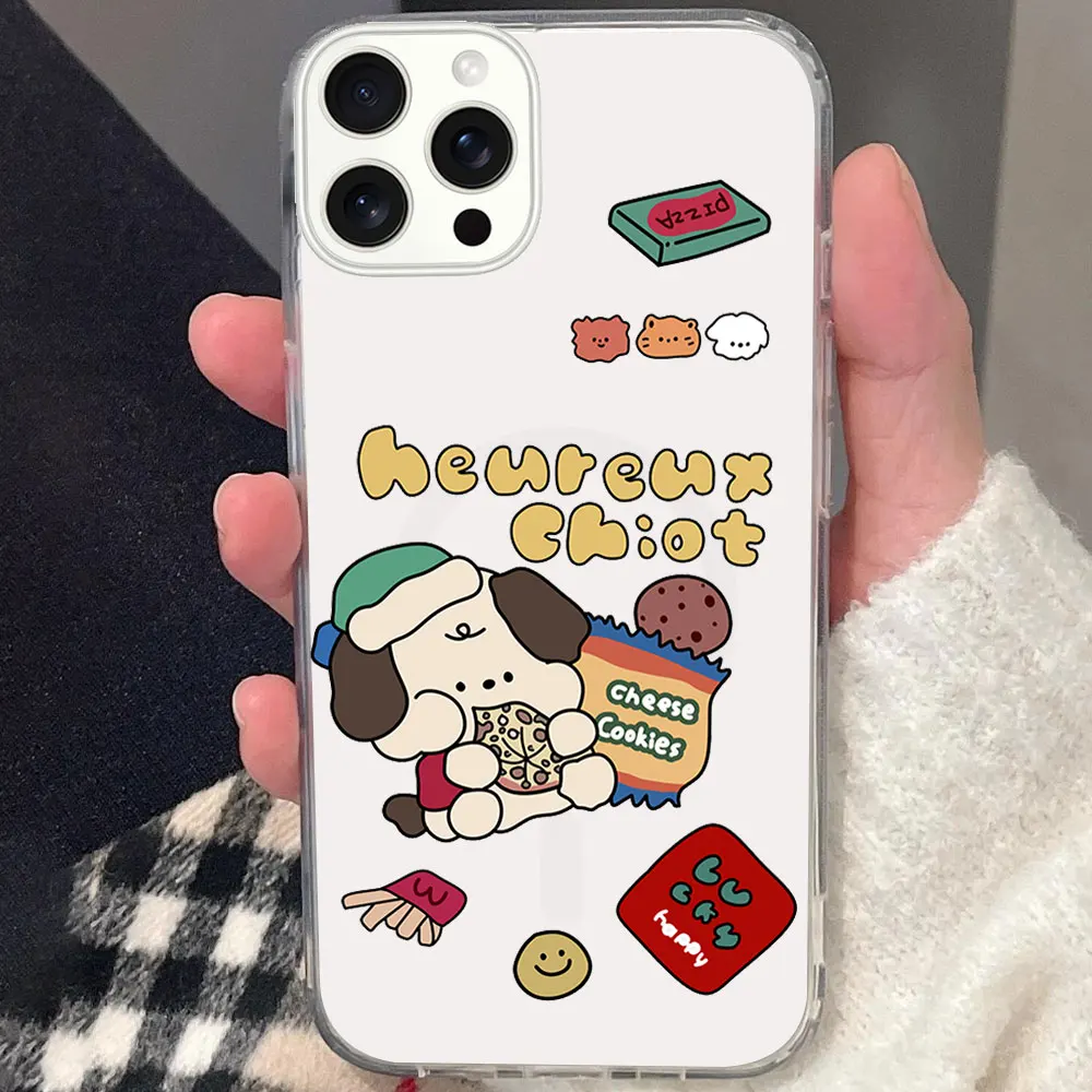 Korean Cute Cartoon Puppy Cat Lovers Phone Case for iPhone 12 11 13 14 15 16 Max Pro Plus Magsafe Magnetic Wireless Cover