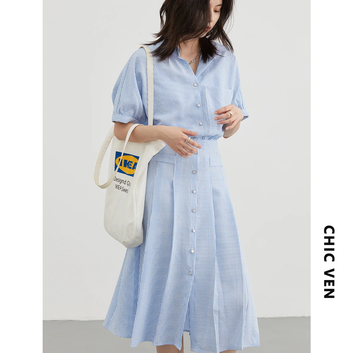 CHIC VEN Korean Pleated Shirt Dress Short Sleeve Dresses Striped Women Loose Girl Slim Dress A Line Women Clothing Summer 2023