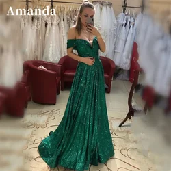 Amanda Sexy A-line Vestidos De Noche Shiny Off Shoulder فساتين مناسبة رسمية Glitter Dark Green Floor Lenght Prom Dress 2023