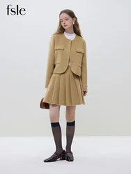 FSLE 100% Wool Yellow Jacket Skirt Woolen Sets Temperament Sweet Round Neck Short Wool Blazers Pleated Design Mini Wool Skirts