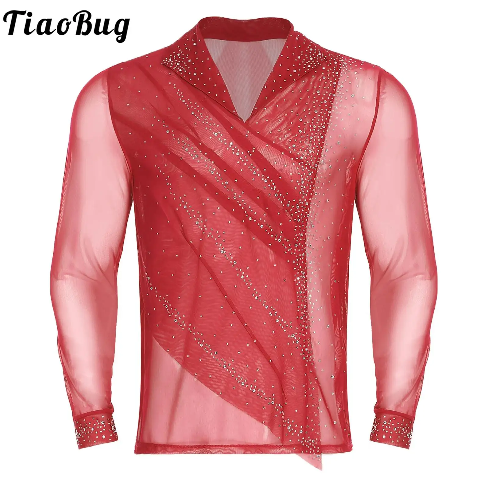 

Men Sheer Mesh Figure Skating Ballet Dance Shirts Glittery Rhinestones Front Ruched Overlay Long Sleeve Pullover for Latin Jazz