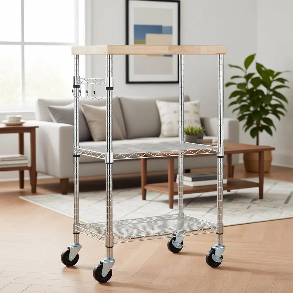 

3-Tier Rolling Kitchen Storage Rack with Adjustable Shelves, 175 lbs Capacity, 21x15x36.7 Wood/Chrome