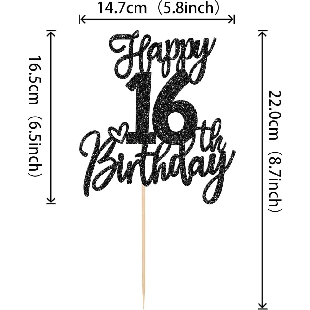 Schwarzer Tortenaufsatz zum 16. Geburtstag – Süße 16. Geburtstagskuchendekoration, elegantes schwarzes Glitzer-Partyzubehör für Mädchen und Jungen – Detail 2