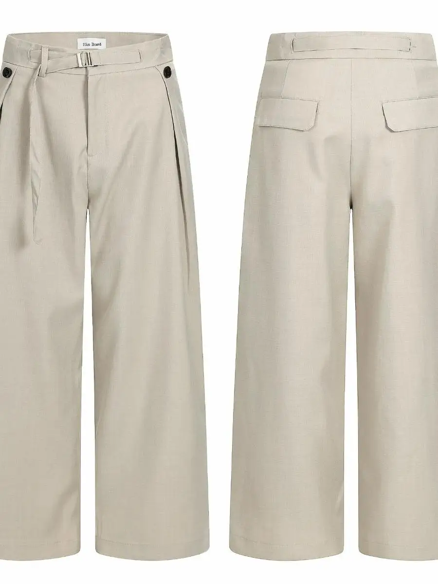 

Американские брюки-кюлоты с двойными складками, свободные повседневные, унисекс, цвет хаки, с манжетами на талии, высокая талия, широкие штанины, стройнящие, 3D, длинные...