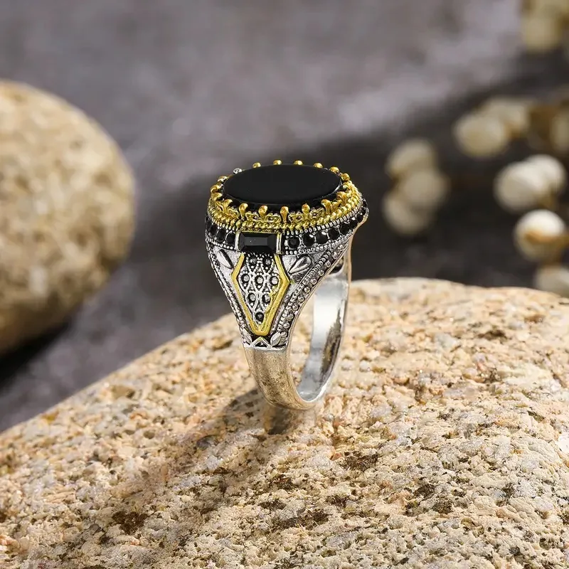 خاتم خاتم تركي يدوي الصنع للرجال ، خاتم عتيق ، نمط قديم مطلي بالفضة ، ترصيع الزركون الأسود ، حفلة ، راكب الدراجة النارية الشقي ، الرجعية #3